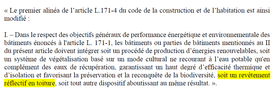 L'amendement CS1137 inscrit officiellement le cool roofing au Code de la construction et de l'habitation.