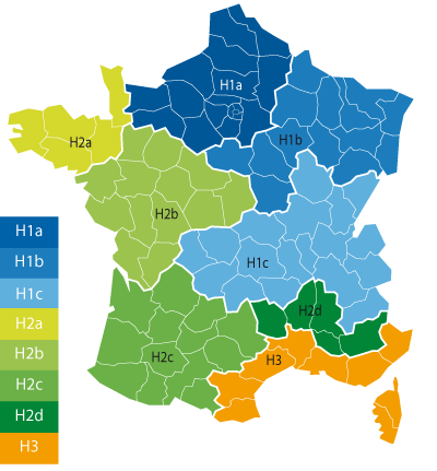 En France, on distingue trois zones climatiques : H1, H2 et H3. Celles-ci sont ensuite divisées en 8 sous-zones.